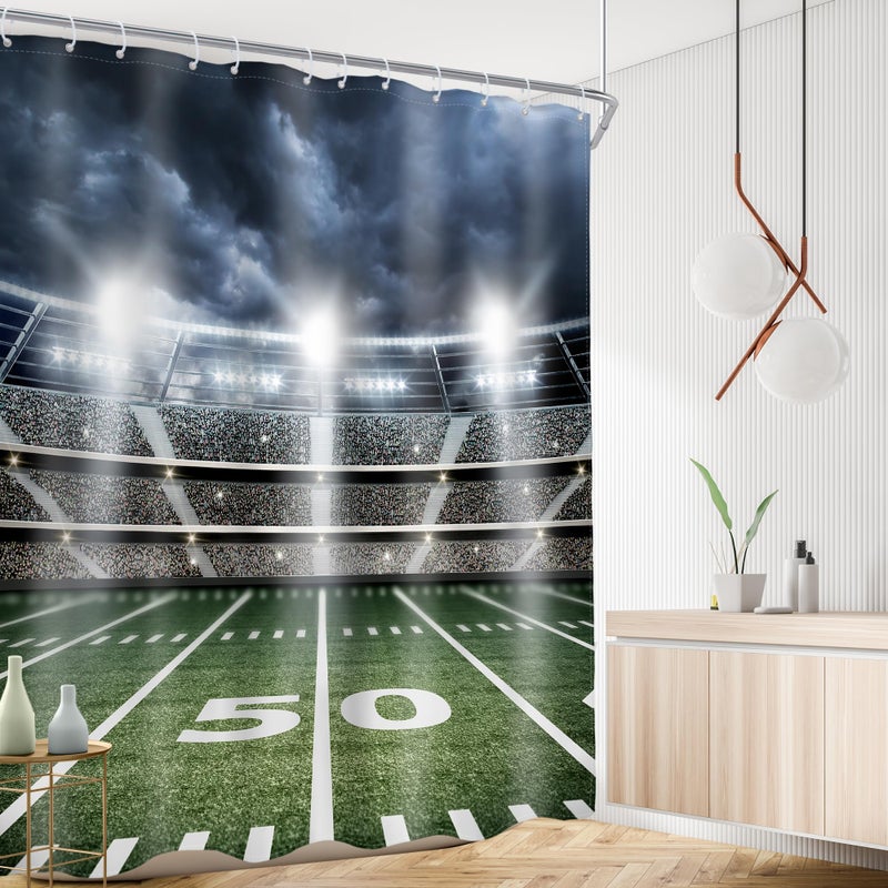 AMBZEK American Football Shower Curtain Boys Sports Bathroom Accessories 60Wx72L Men Masculine Shower Curtain Set Stadium Field Soccer Green Cloth Fabric Bathroom Decor Set with 12 Pack Hooks - Image 3